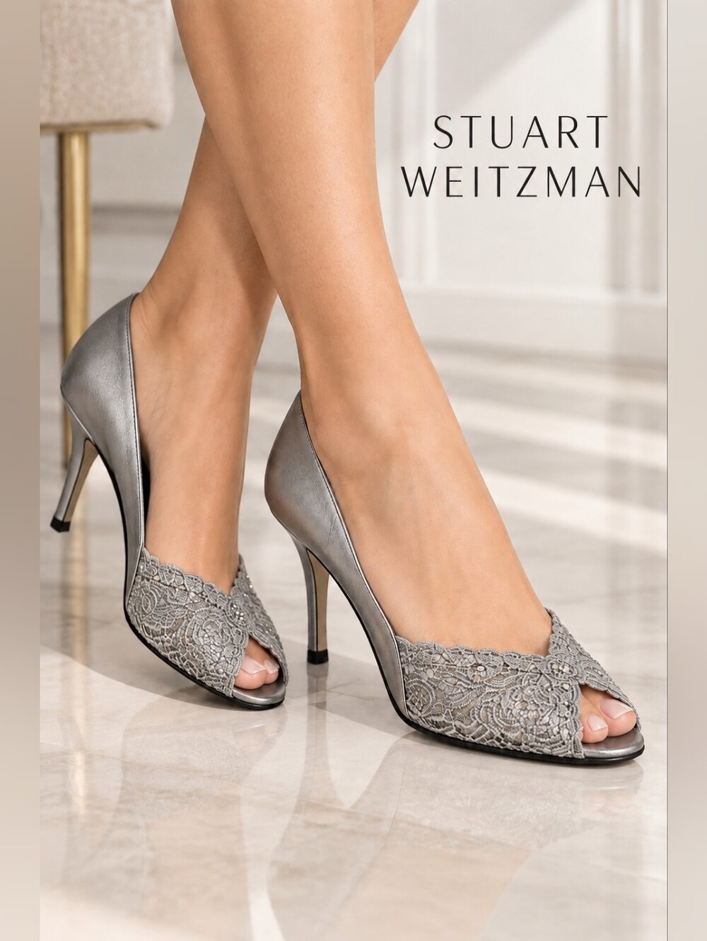 Stuart Weitzman Metallic Silver Lace Peep-Toe Pumps